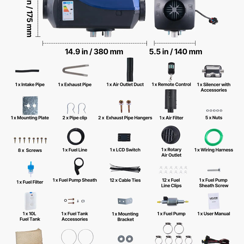 Dīzeļdegvielas sildītājs, 8 kW, DC 12 V, pārnēsājams gaisa sildītājs ar tālvadību un LCD ekrānu, ātra uzsildīšana, zems trokšņa līmenis, 10 l degvielas tvertne, piemērots automašīnām, furgoniem, kemperiem un kravas auto