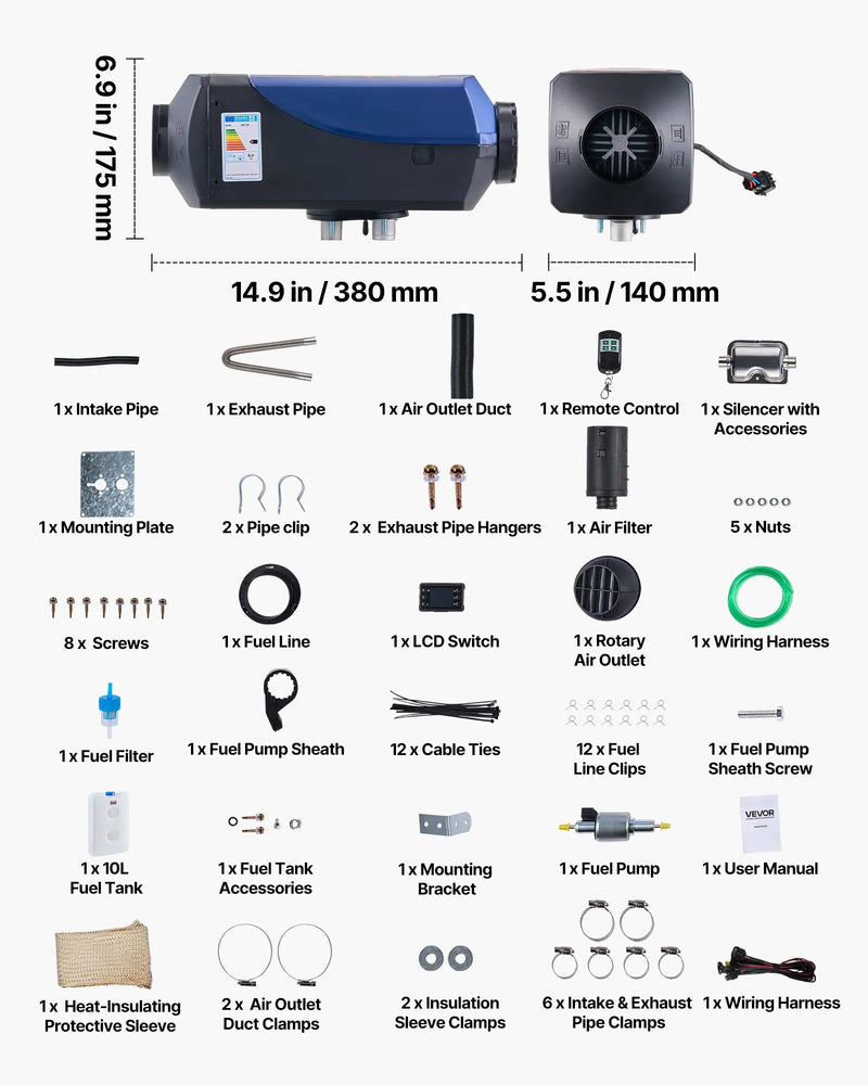 Dīzeļdegvielas sildītājs, 8 kW, DC 12 V, pārnēsājams gaisa sildītājs ar tālvadību un LCD ekrānu, ātra uzsildīšana, zems trokšņa līmenis, 10 l degvielas tvertne, piemērots automašīnām, furgoniem, kemperiem un kravas auto