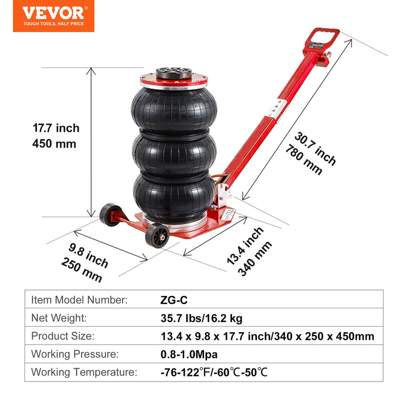 Домкрат VEVOR Air Jack, 3 тонны, тройная сумка, домкрат на воздушной подушке с шестью стальными трубками, высота подъема до 45 см, быстрый подъем 3-5 с, с регулируемой длинной ручкой для автомобилей, гаражей, ремонта (красный)