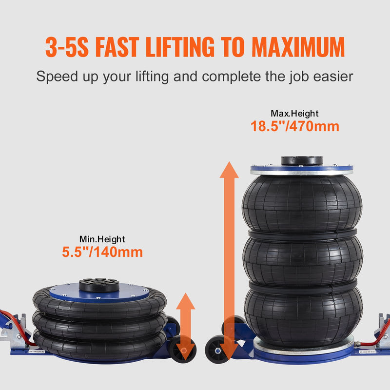 Пневматический домкрат VEVOR, 3 т, тройная конструкция воздушной подушки с 6 стальными трубками, высота подъема до 45 см, быстрый пневматический подъем за 3-5 секунд, подходит для автомобилей, гаражей и ремонтных работ (синий).