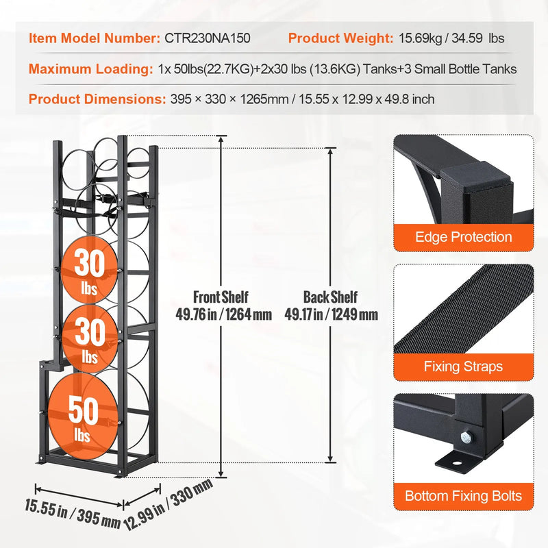 Gāzes konteineru plaukts, ar ietilpību 1 × 22,7 kg, 2 × 13,6 kg un 3 mazi baloni, 39,5 × 33 × 126,5 cm, uzglabāšanai un transportēšanai (Freons, skābeklis, slāpeklis u.c.)