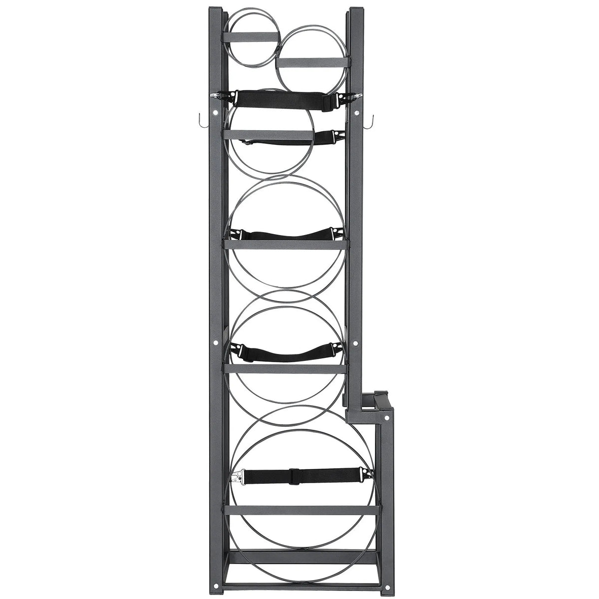 Gāzes konteineru plaukts, ar ietilpību 1 × 22,7 kg, 2 × 13,6 kg un 3 mazi baloni, 39,5 × 33 × 126,5 cm, uzglabāšanai un transportēšanai (Freons, skābeklis, slāpeklis u.c.)