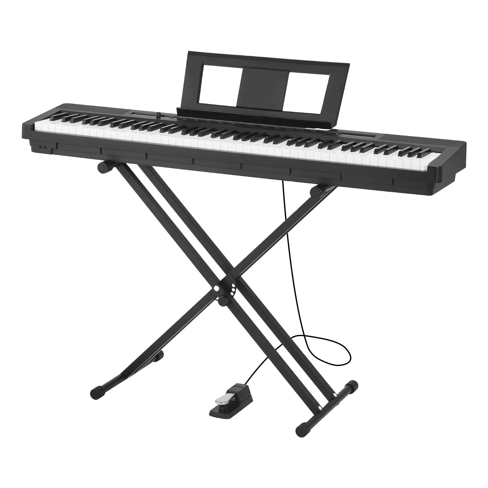 VEVOR digitālā klaviatūra ar 88 pilnsvara taustiņiem, elektriskās klavieres ar divkāršo klaviatūras režīmu un iebūvētiem skaļruņiem, X statīvu, sustain pedāli, ieraksta funkciju, 280 tembriem un bezvadu savienojumu, iesācējiem, melnā krāsā