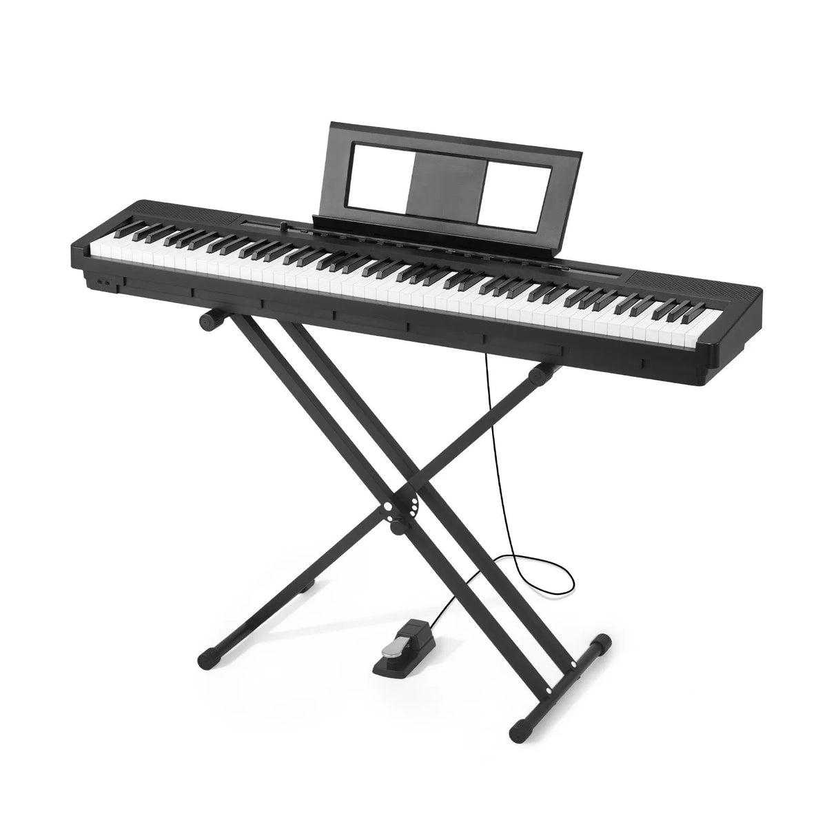 VEVOR digitālā klaviatūra ar 88 pilnsvara taustiņiem, elektriskās klavieres ar divkāršo klaviatūras režīmu un iebūvētiem skaļruņiem, X statīvu, sustain pedāli, ieraksta funkciju, 280 tembriem un bezvadu savienojumu, iesācējiem, melnā krāsā