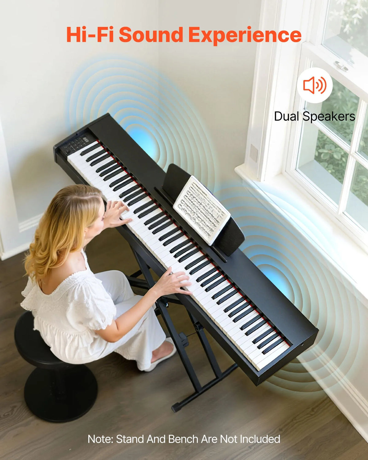 VEVOR digitālās klavieres ar 88 pilnsvara taustiņiem, dubulto klaviatūru un skaļruņiem, ar sustain pedāli un ieraksta funkciju, 238 toņi, bezvadu savienojums, bez statīva