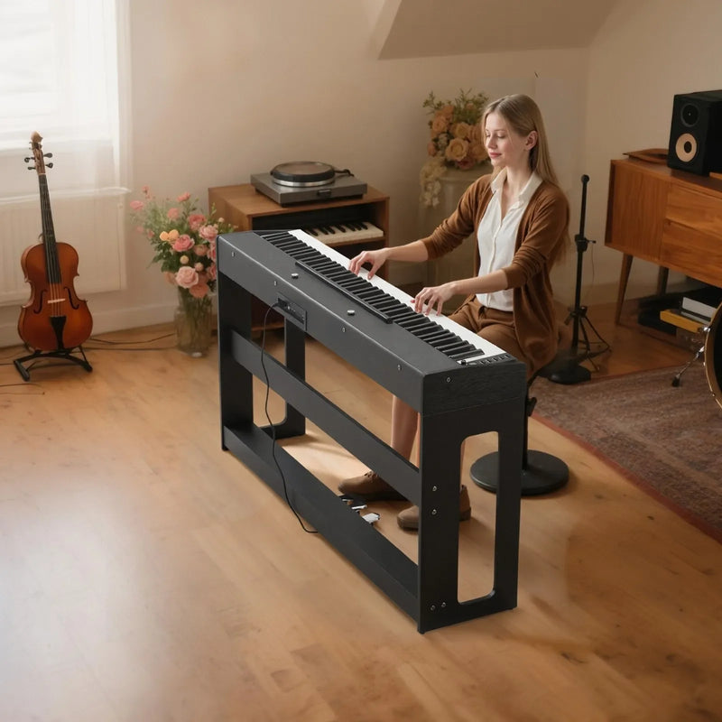 VEVOR digitālā klaviatūra ar 88 pilnsvara taustiņiem, elektriskās klavieres ar mēbeļu statīvu, barošanas adapteri, trīskāršo pedāli, ieraksta funkciju, 280 tembriem un bezvadu savienojumu, iesācējiem, melnā krāsā