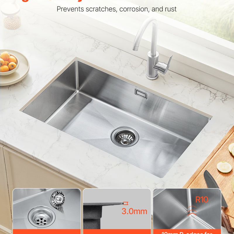 VEVOR 76 cm nerūsējošā tērauda virtuves izlietne (viena bļoda, undermount/drop-in, bāra tipa)