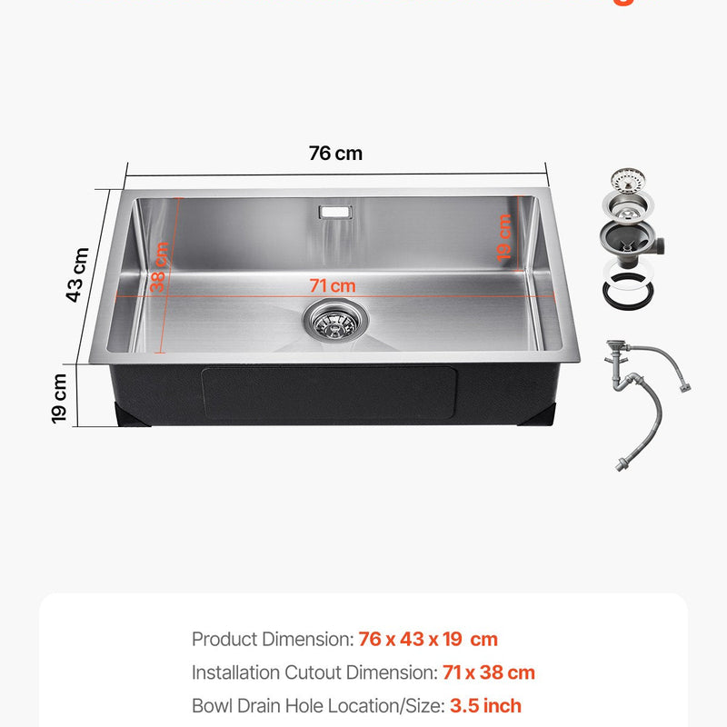 VEVOR 76 cm nerūsējošā tērauda virtuves izlietne (viena bļoda, undermount/drop-in, bāra tipa)