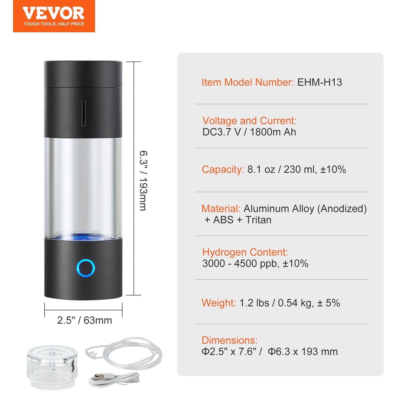 VEVOR pārnēsājamais ūdeņraža ūdens ģenerators, 230 ml | SPE tehnoloģija, bagātināts ūdeņraža jonizators ar deguna inhalācijas cauruli un pašattīrīšanās funkciju