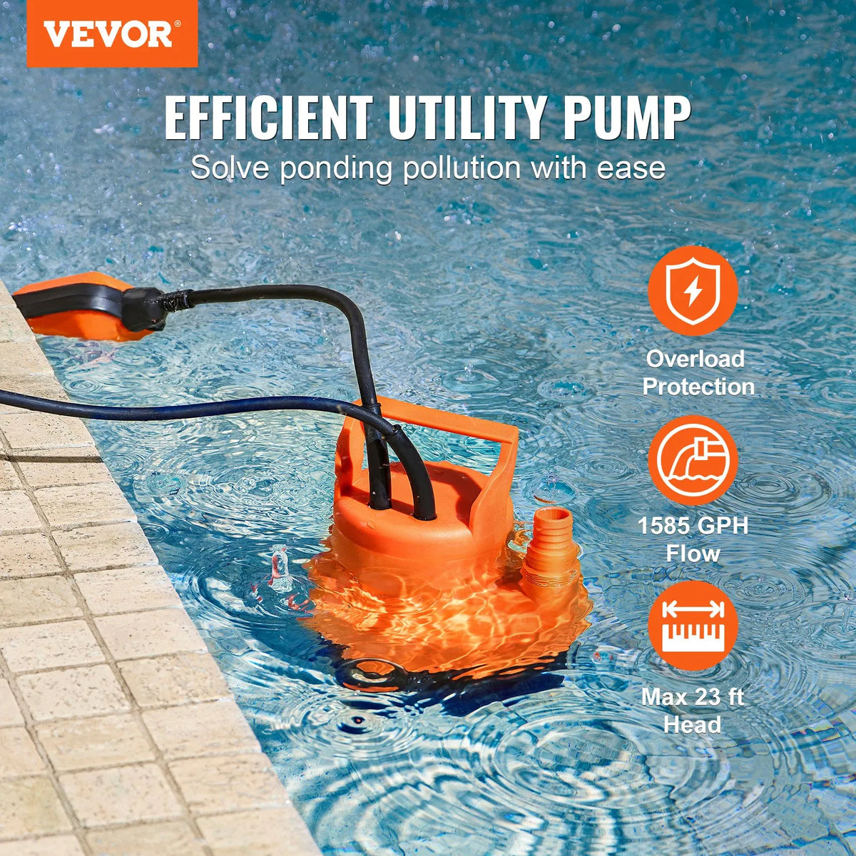 VEVOR iegremdējamais drenāžas sūknis 320 W, plūsma līdz 6002 l/h, pacelšanas augstums līdz 7 m