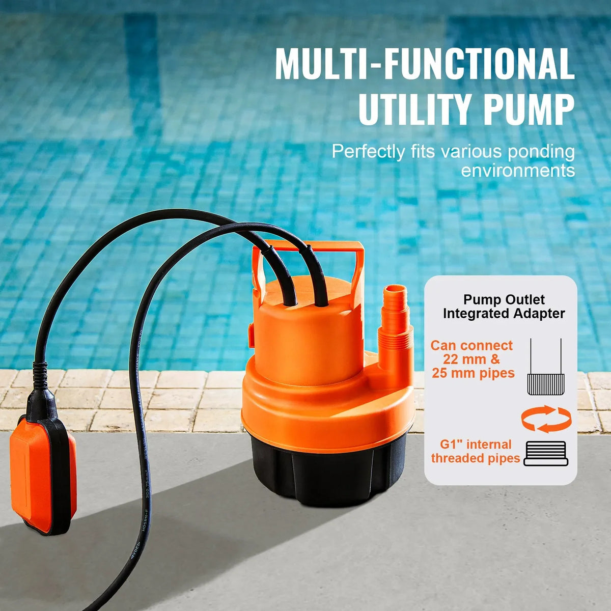 VEVOR iegremdējamais drenāžas sūknis 320 W, plūsma līdz 6002 l/h, pacelšanas augstums līdz 7 m