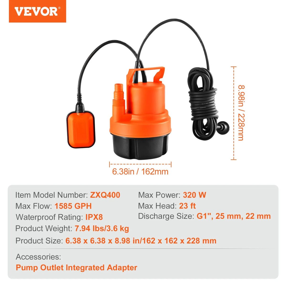 VEVOR iegremdējamais drenāžas sūknis 320 W, plūsma līdz 6002 l/h, pacelšanas augstums līdz 7 m