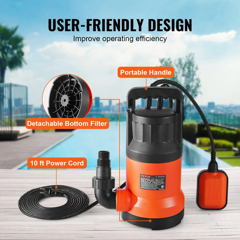 VEVOR iegremdējamais drenāžas sūknis 400 W, plūsma līdz 9506 l/h, pacelšanas augstums līdz 7,9 m