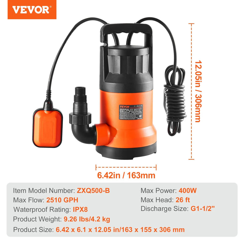 VEVOR iegremdējamais drenāžas sūknis 400 W, plūsma līdz 9506 l/h, pacelšanas augstums līdz 7,9 m