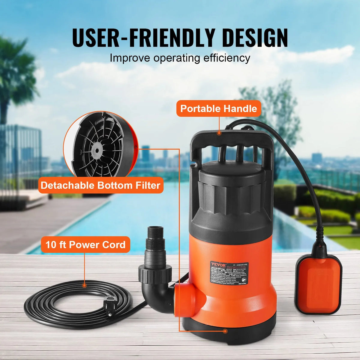 VEVOR iegremdējamais drenāžas sūknis 700 W, plūsma līdz 15 700 l/h, pacelšanas augstums līdz 10 m