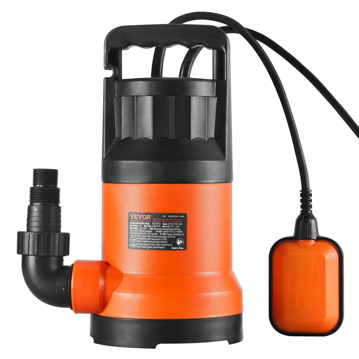 VEVOR iegremdējamais drenāžas sūknis 700 W, plūsma līdz 15 700 l/h, pacelšanas augstums līdz 10 m