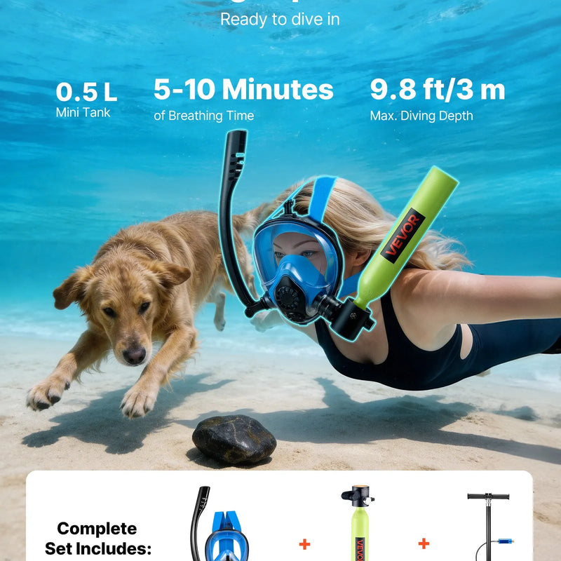 VEVOR mini niršanas balons ar zemūdens masku, 0,5 L pārnēsājams niršanas balons zemūdens elpošanai, atkārtoti lietojams plaušu niršanas cilindrs līdz 10 minūšu niršanai, avārijas glābšanas mazais balons ar sūkni snorkelēšanai