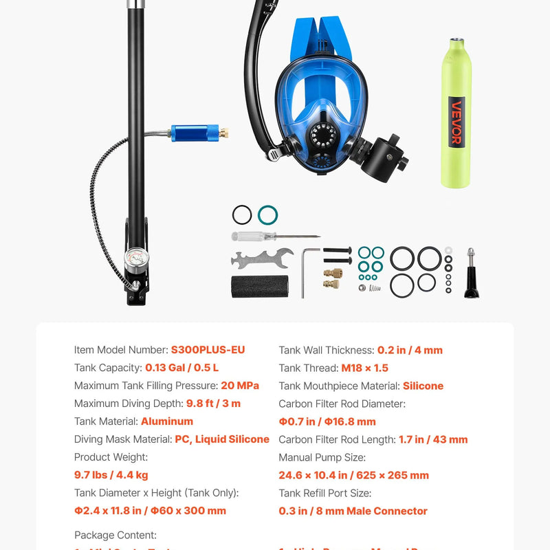 VEVOR mini niršanas balons ar zemūdens masku, 0,5 L pārnēsājams niršanas balons zemūdens elpošanai, atkārtoti lietojams plaušu niršanas cilindrs līdz 10 minūšu niršanai, avārijas glābšanas mazais balons ar sūkni snorkelēšanai