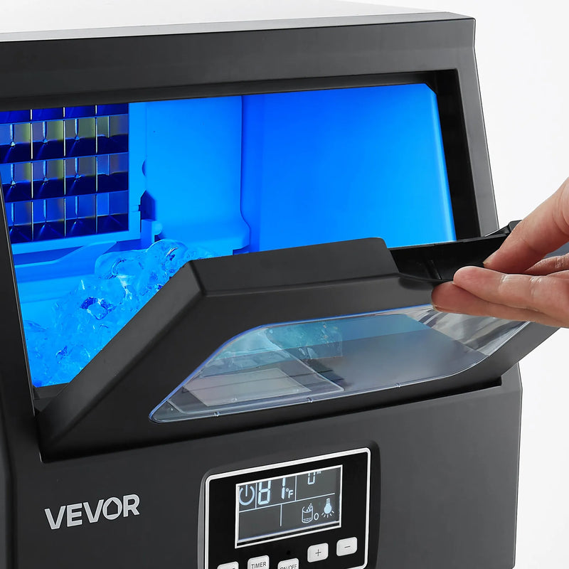VEVOR komerciālais ledus ģenerators 36,29 kg/24 h ar 5,44 kg ietilpību, 32 ledus kubi vienā ciklā, nerūsējošā tērauda brīvi stāvošs vai uz galda novietojams ledus aparāts ar LED displeju un pašattīrīšanos, piemērots mājai, bāram un restorānam