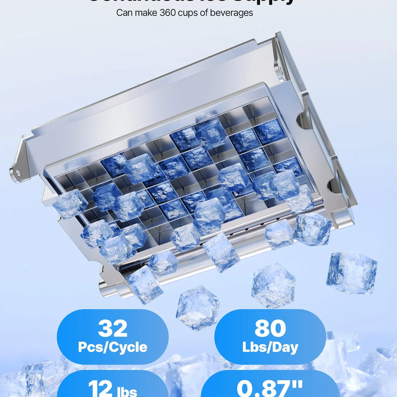VEVOR komerciālais ledus ģenerators 36,29 kg/24 h ar 5,44 kg ietilpību, 32 ledus kubi vienā ciklā, nerūsējošā tērauda brīvi stāvošs vai uz galda novietojams ledus aparāts ar LED displeju un pašattīrīšanos, piemērots mājai, bāram un restorānam