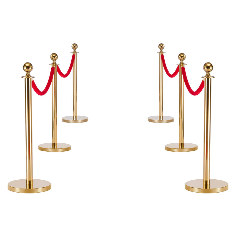 VEVOR norobežojošo stabu komplekts, 6 gab. cilvēku plūsmas kontroles barjeru komplekts ar sarkanu paklāju, 4 sarkanas samta virves, nerūsējošā tērauda zelta krāsas stabi ar dobu pamatni rindām teātriem, ballītēm, kāzām un izstādēm