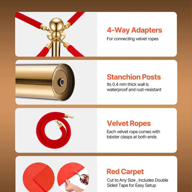 VEVOR norobežojošo stabu komplekts, 6 gab. cilvēku plūsmas kontroles barjeru komplekts ar sarkanu paklāju, 4 sarkanas samta virves, nerūsējošā tērauda zelta krāsas stabi ar dobu pamatni rindām teātriem, ballītēm, kāzām un izstādēm