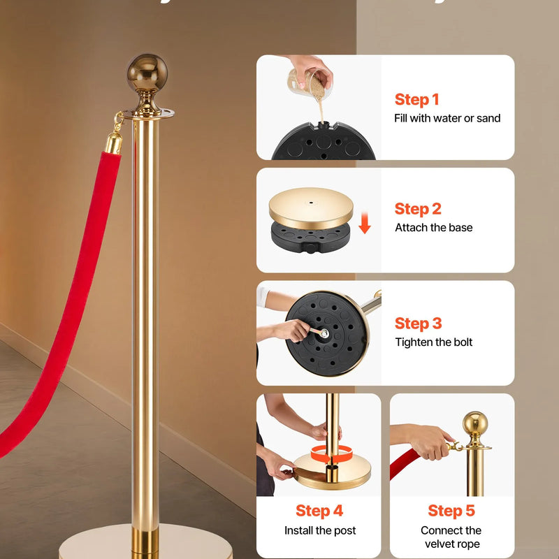 VEVOR norobežojošo stabu komplekts, 6 gab. cilvēku plūsmas kontroles barjeru komplekts ar sarkanu paklāju, 4 sarkanas samta virves, nerūsējošā tērauda zelta krāsas stabi ar dobu pamatni rindām teātriem, ballītēm, kāzām un izstādēm