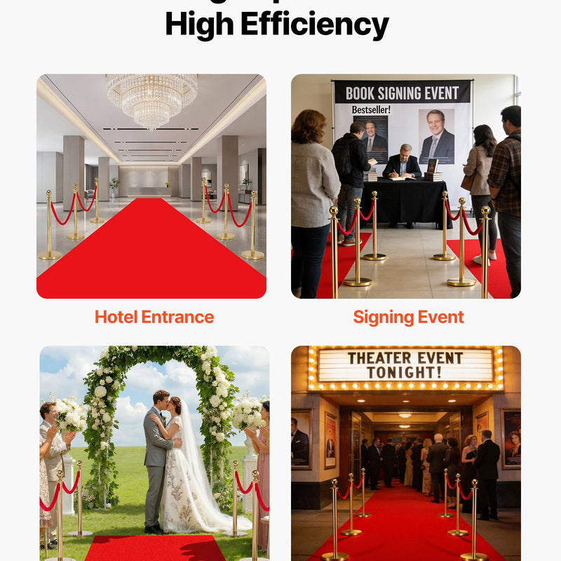 VEVOR norobežojošo stabu komplekts, 6 gab. cilvēku plūsmas kontroles barjeru komplekts ar sarkanu paklāju, 4 sarkanas samta virves, nerūsējošā tērauda zelta krāsas stabi ar dobu pamatni rindām teātriem, ballītēm, kāzām un izstādēm