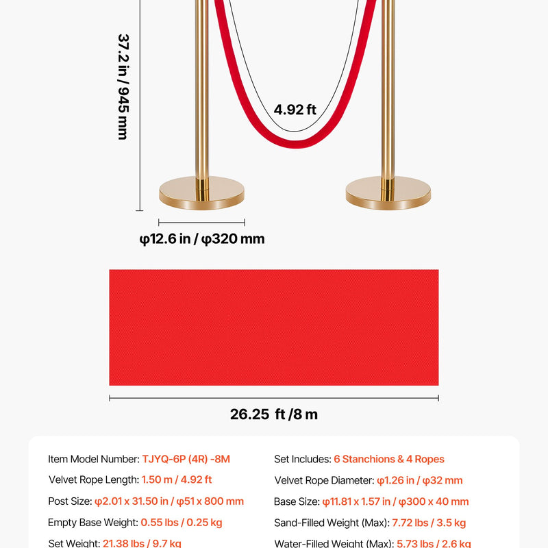 VEVOR norobežojošo stabu komplekts, 6 gab. cilvēku plūsmas kontroles barjeru komplekts ar sarkanu paklāju, 4 sarkanas samta virves, nerūsējošā tērauda zelta krāsas stabi ar dobu pamatni rindām teātriem, ballītēm, kāzām un izstādēm