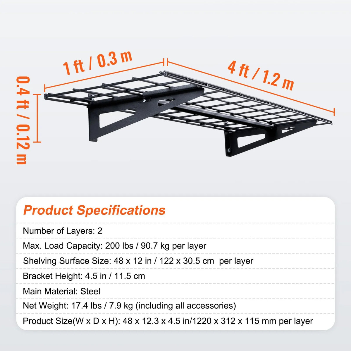 Uzglabāšanas plaukti 2 gab. 122 × 30 cm pie sienas stiprināmi 181 kg, metāla