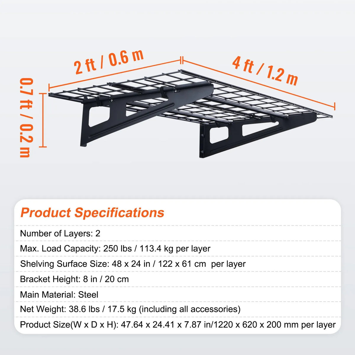 Uzglabāšanas plaukti 2 gab. 122 × 61 cm pie sienas stiprināmi 227 kg, metāla