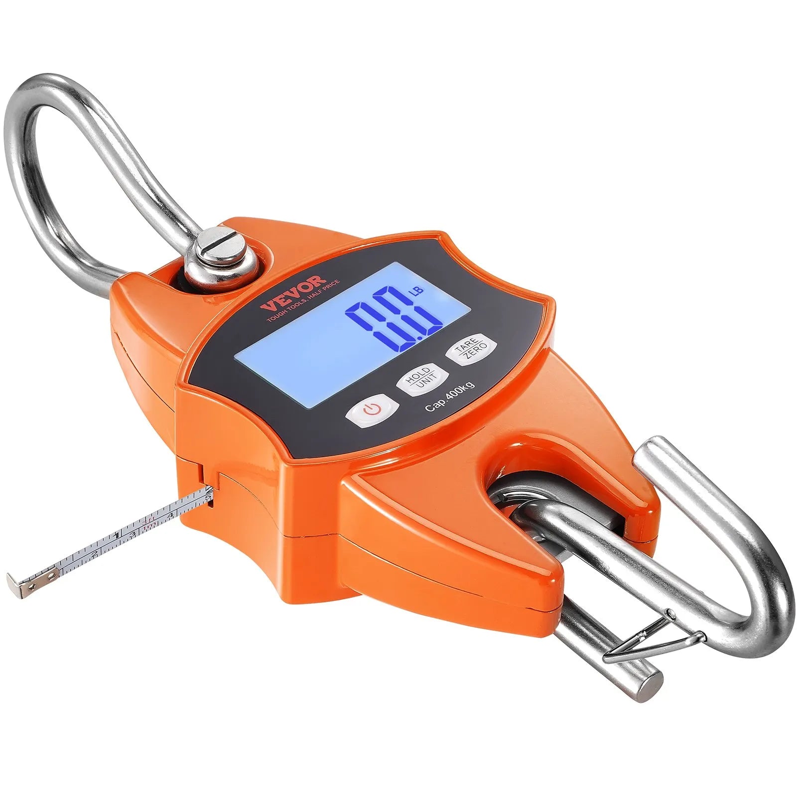 Digital crane scale, 400 kg; industrial hanging scale with aluminum housing and LCD display; handheld mini scale with hooks, orange