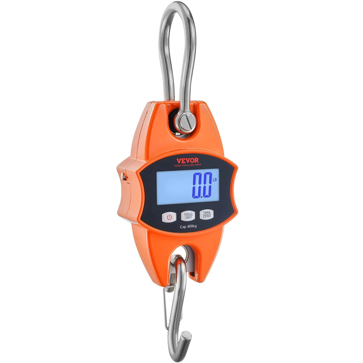 Digital crane scale, 400 kg; industrial hanging scale with aluminum housing and LCD display; handheld mini scale with hooks, orange