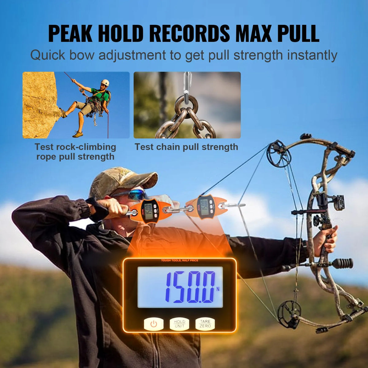 Digital crane scale, 400 kg; industrial hanging scale with aluminum housing and LCD display; handheld mini scale with hooks, orange