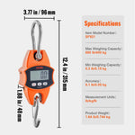 Digital crane scale, 400 kg; industrial hanging scale with aluminum housing and LCD display; handheld mini scale with hooks, orange