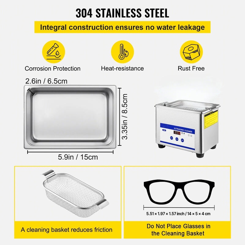 VEVOR 0,8 L ultrahelipuhasti koos digitaalse taimeri ja soojendajaga, 35 W roostevabast terasest seade ehete, klaaside ja muude esemete puhastamiseks - sobib kasutamiseks nii kaubanduses kui ka kodus.