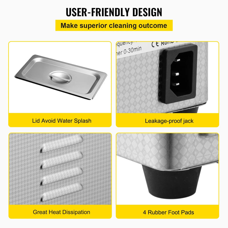 VEVOR 0,8 L ultrahelipuhasti koos digitaalse taimeri ja soojendajaga, 35 W roostevabast terasest seade ehete, klaaside ja muude esemete puhastamiseks - sobib kasutamiseks nii kaubanduses kui ka kodus.