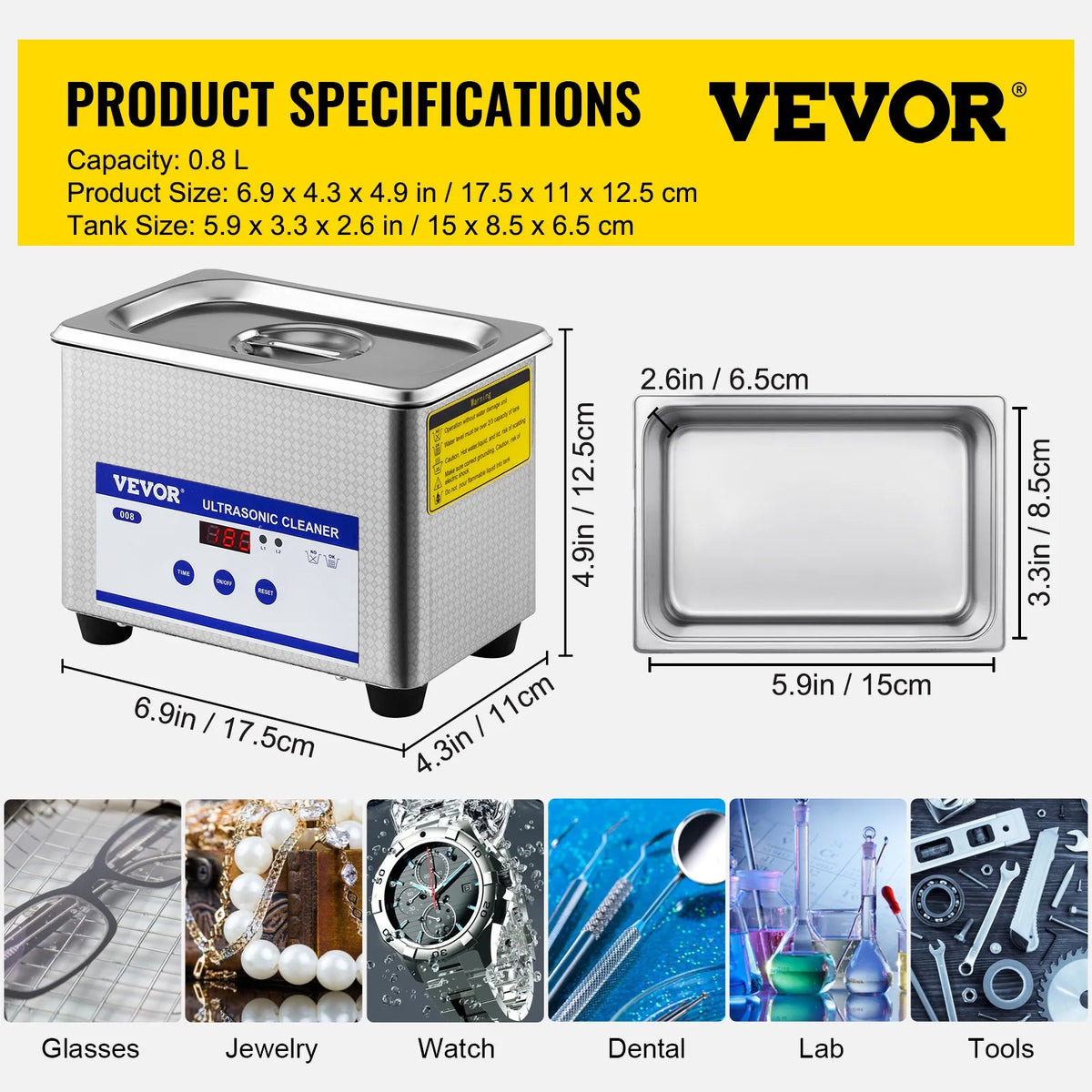 VEVOR 0,8 L ultraskaņas tīrītājs ar digitālu taimeri un sildītāju, 35 W nerūsējošā tērauda ierīce rotaslietu, briļļu un citu priekšmetu tīrīšanai – piemērots komerciālai un mājas lietošanai