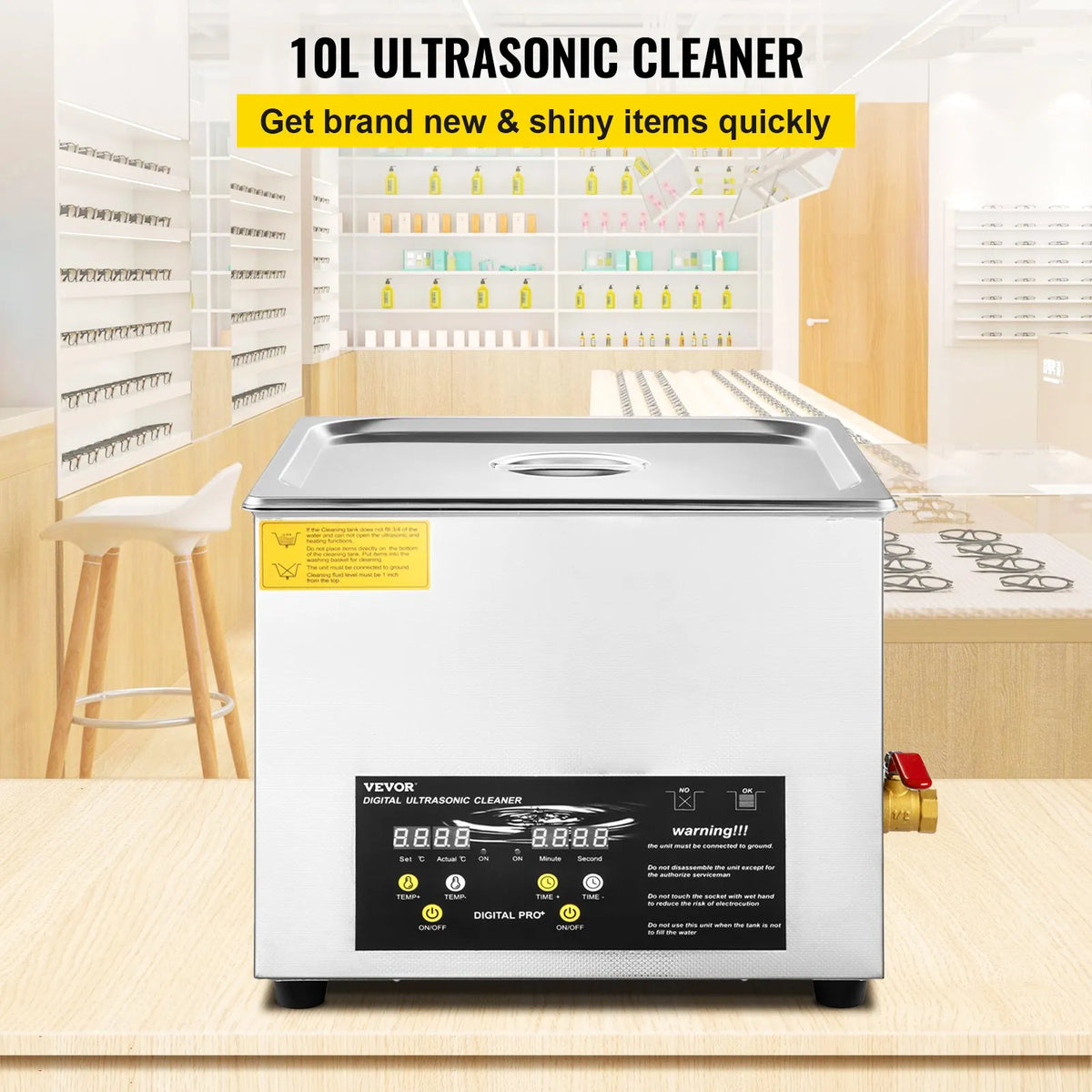 VEVOR 10 l uzlabots ultraskaņas tīrītājs (400 W sildītājs, 240 W ultraskaņas jauda), profesionāls digitālais laboratorijas ultraskaņas tīrītājs ar sildītāju un taimeri detaļu un instrumentu tīrīšanai