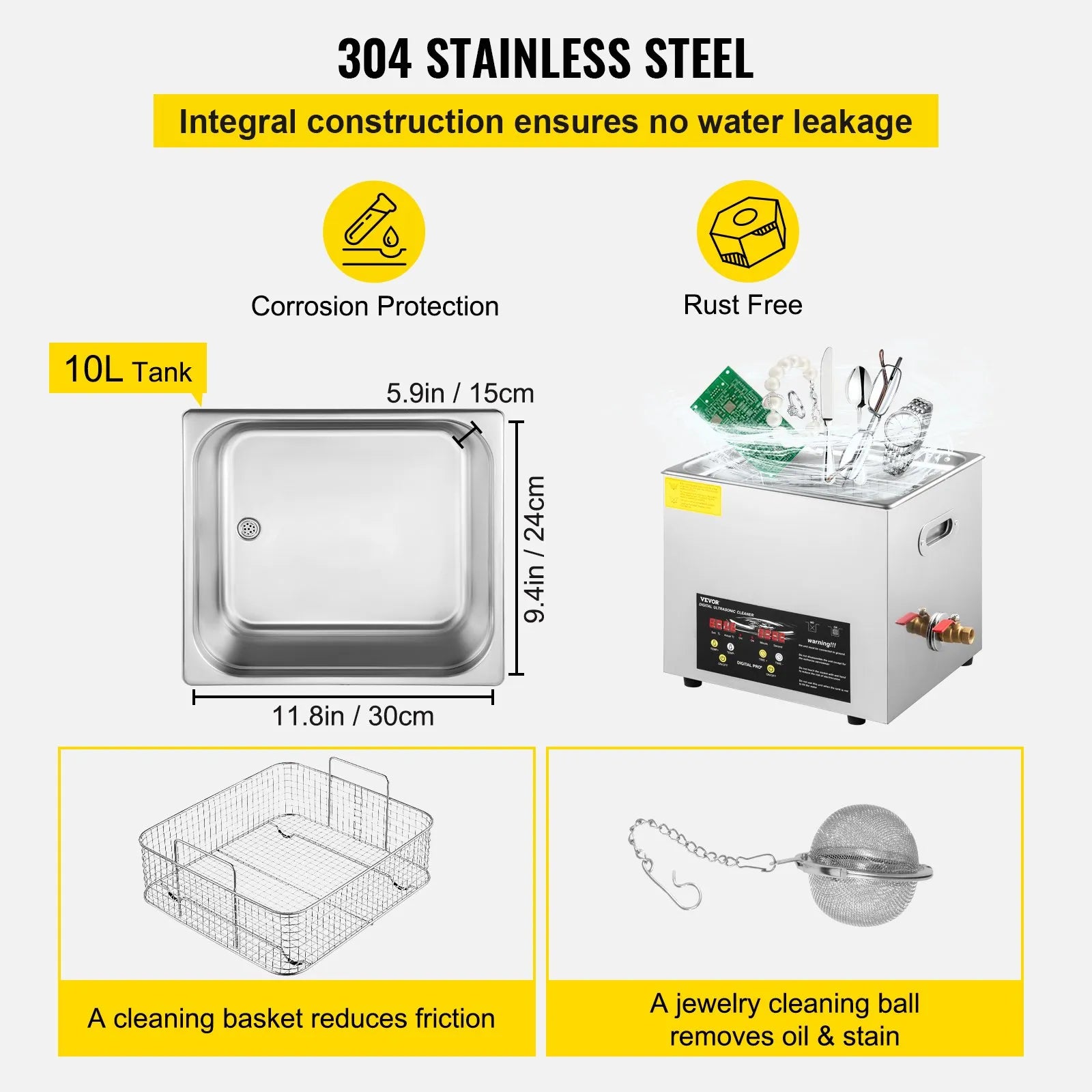 VEVOR 10 l uzlabots ultraskaņas tīrītājs (400 W sildītājs, 240 W ultraskaņas jauda), profesionāls digitālais laboratorijas ultraskaņas tīrītājs ar sildītāju un taimeri detaļu un instrumentu tīrīšanai