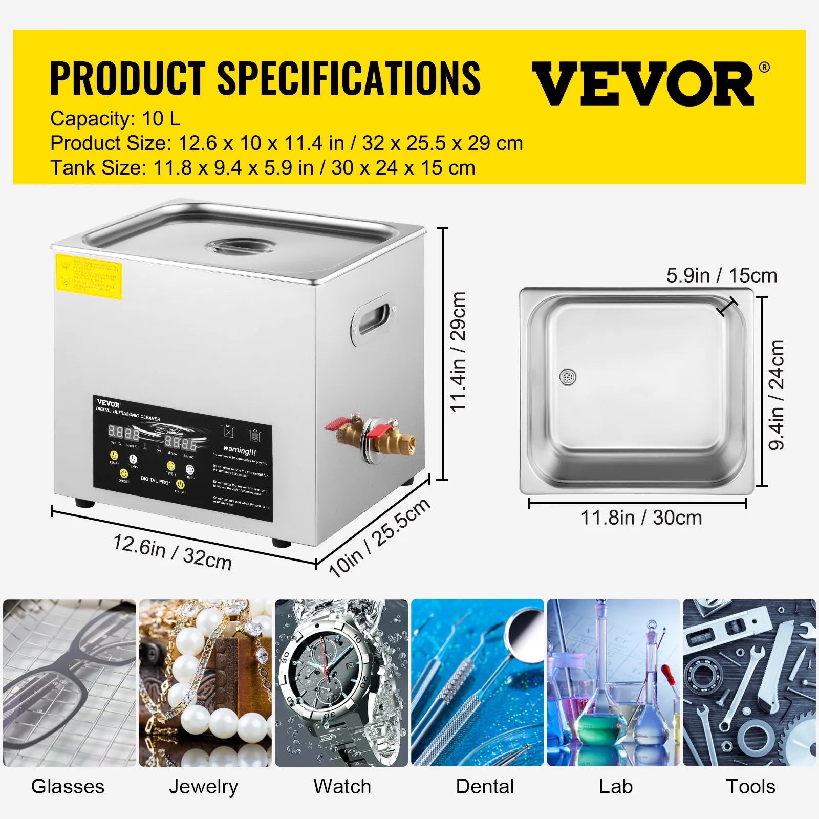 VEVOR 10 l uzlabots ultraskaņas tīrītājs (400 W sildītājs, 240 W ultraskaņas jauda), profesionāls digitālais laboratorijas ultraskaņas tīrītājs ar sildītāju un taimeri detaļu un instrumentu tīrīšanai