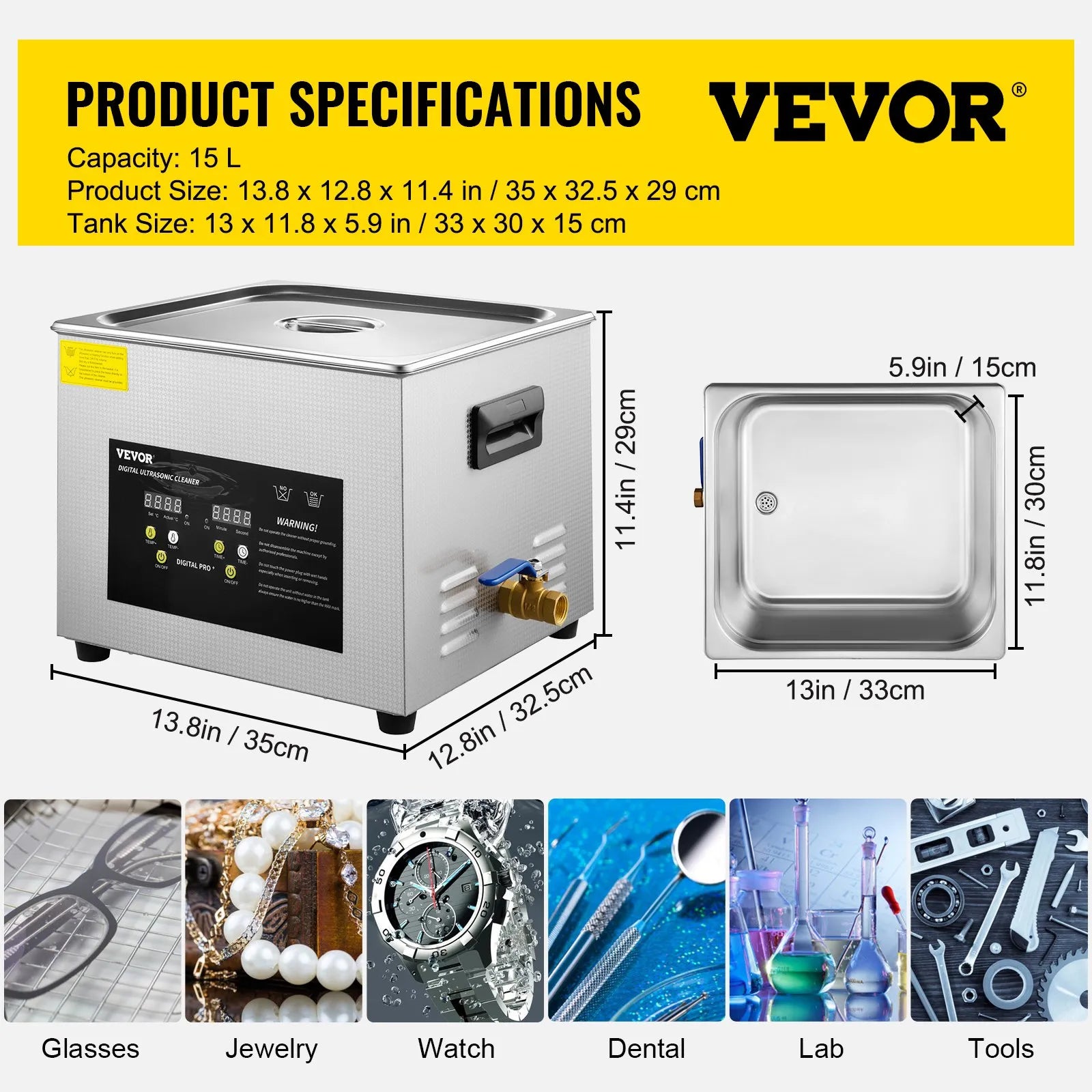 VEVOR 15 l uzlabots ultraskaņas tīrītājs (600 W sildītājs, 360 W ultraskaņa) profesionāls digitāls laboratorijas detaļu tīrītājs ar sildīšanu un taimeri stikla un zobārstniecības instrumentu tīrīšanai