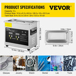 VEVOR 3 l uzlabots ultraskaņas tīrītājs (200 W sildīšana, 120 W ultraskaņa), profesionāla digitāla laboratorijas ultraskaņas detaļu tīrīšanas iekārta ar sildīšanu un taimeri juvelierizstrādājumu, briļļu un detaļu tīrīšanai