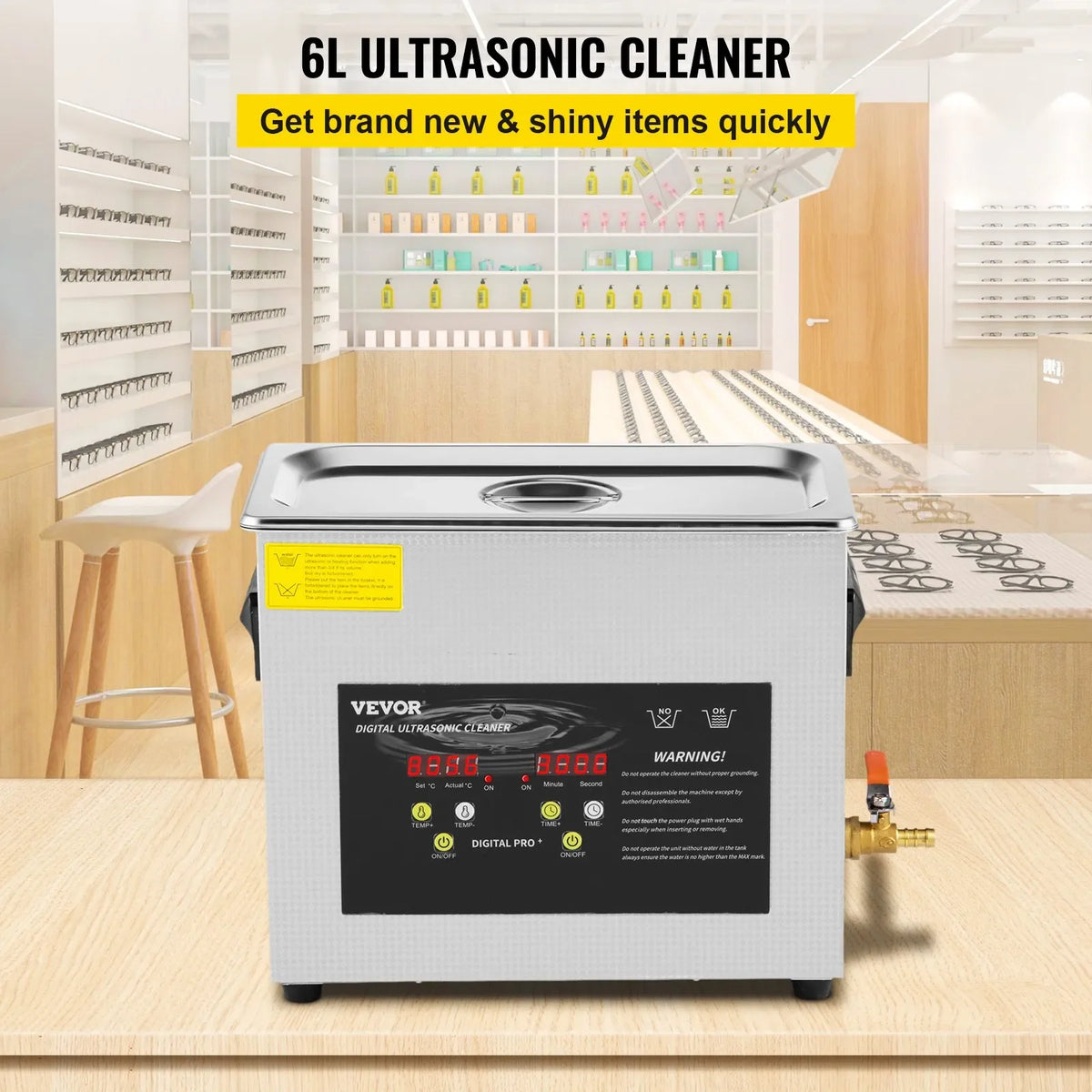 VEVOR 6 l uzlabots ultraskaņas tīrītājs (400 W sildītājs, 180 W ultraskaņa) Profesionāls digitālais laboratorijas ultraskaņas detaļu tīrītājs ar sildīšanas funkciju un taimeri juvelierizstrādājumu, briļļu un instrumentu tīrīšanai.