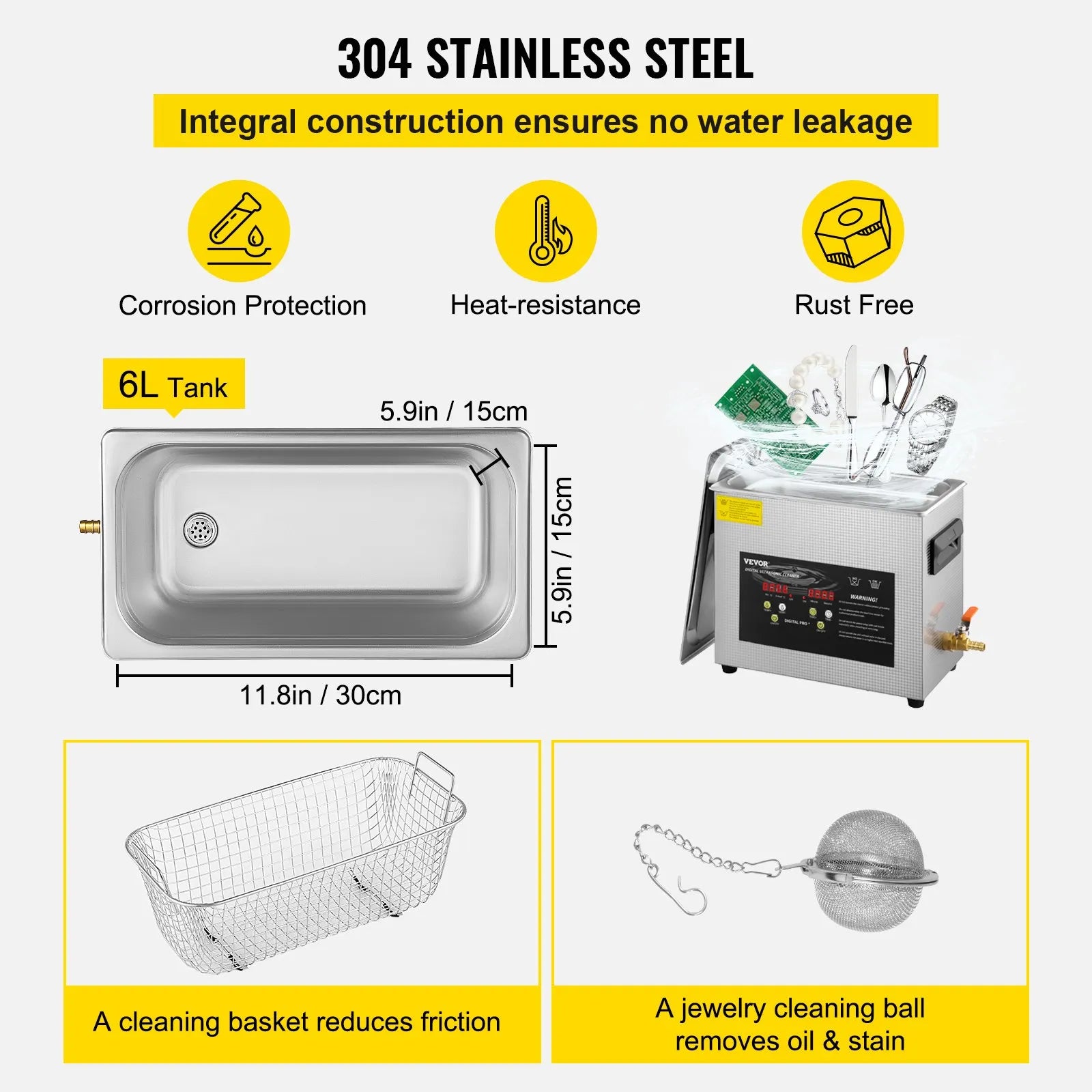 VEVOR 6 l uzlabots ultraskaņas tīrītājs (400 W sildītājs, 180 W ultraskaņa) Profesionāls digitālais laboratorijas ultraskaņas detaļu tīrītājs ar sildīšanas funkciju un taimeri juvelierizstrādājumu, briļļu un instrumentu tīrīšanai.
