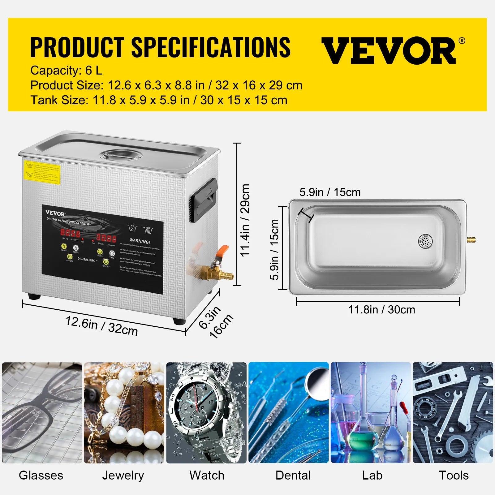 VEVOR 6 l uzlabots ultraskaņas tīrītājs (400 W sildītājs, 180 W ultraskaņa) Profesionāls digitālais laboratorijas ultraskaņas detaļu tīrītājs ar sildīšanas funkciju un taimeri juvelierizstrādājumu, briļļu un instrumentu tīrīšanai.