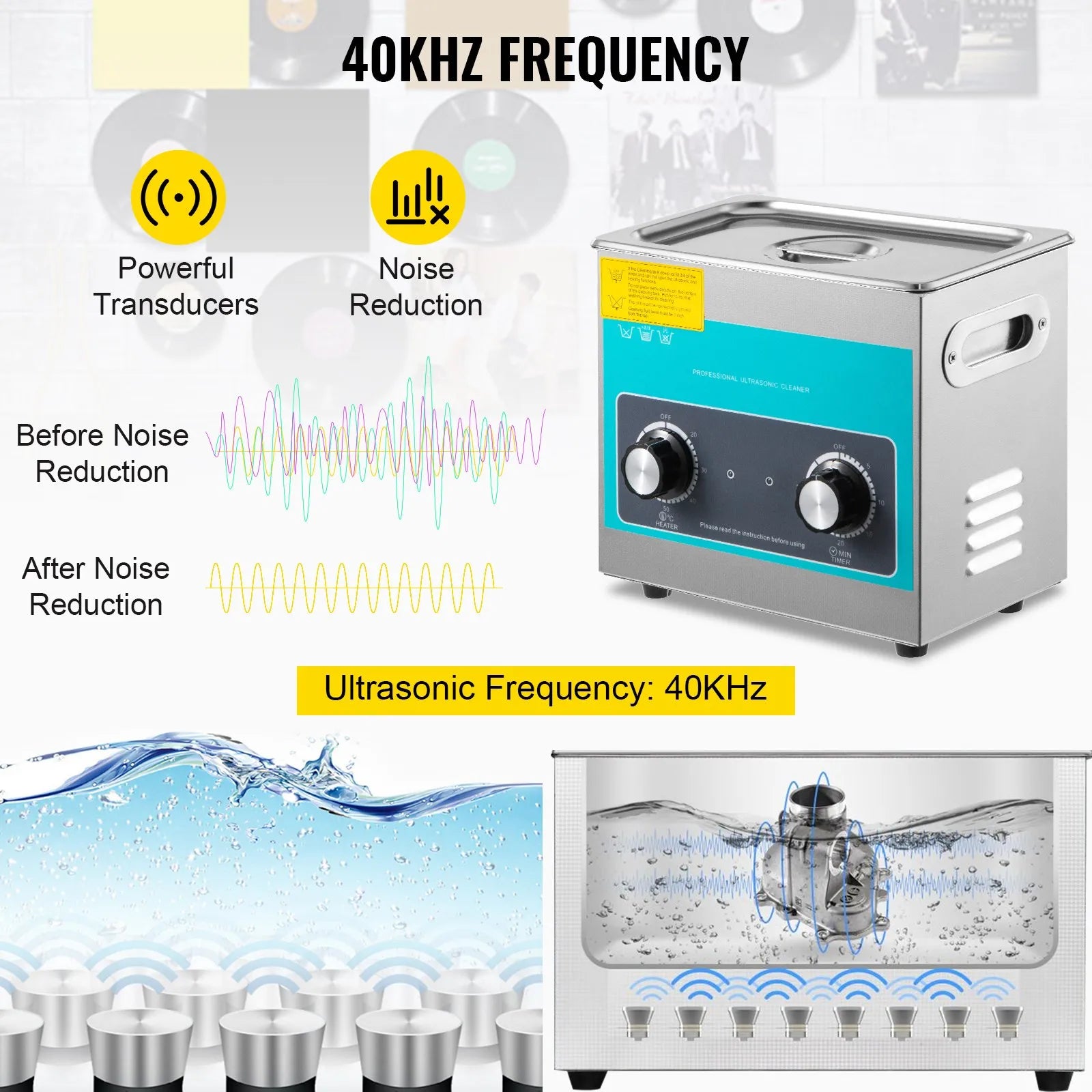 VEVOR ultraskaņas tīrītājs ar mehānisko vadību 3 l, 40 kHz ultraskaņas tīrīšanas iekārta ar pogu vadību, 304 nerūsējošā tērauda ultraskaņas tīrītājs ar sildīšanu un taimeri juvelierizstrādājumu, briļļu un pulksteņu tīrīšanai