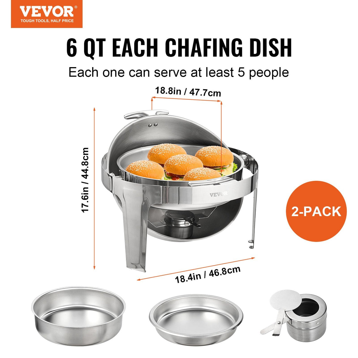 VEVOR Roll Top Chafing Dish komplekts, 2 x 6 l, nerūsējošais tērauds, ar 2 pilna izmēra pannām un degvielas turētāju