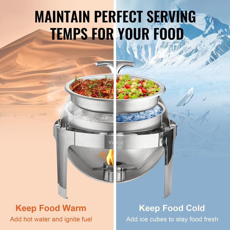 VEVOR Roll Top Chafing Dish komplekts, 2 x 6 l, nerūsējošais tērauds, ar 2 pilna izmēra pannām un degvielas turētāju