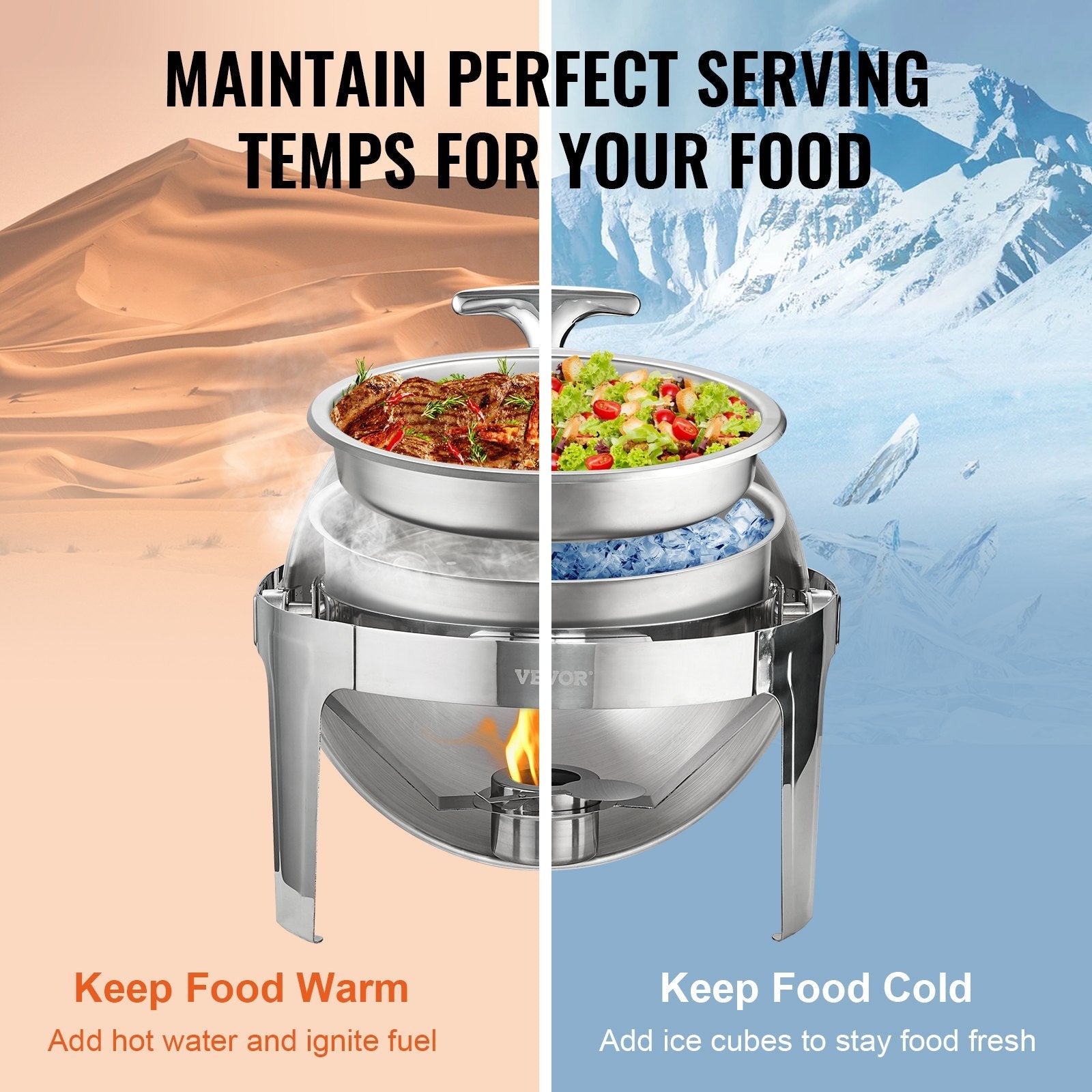 VEVOR Roll Top Chafing Dish komplekts, 2 x 6 l, nerūsējošais tērauds, ar 2 pilna izmēra pannām un degvielas turētāju